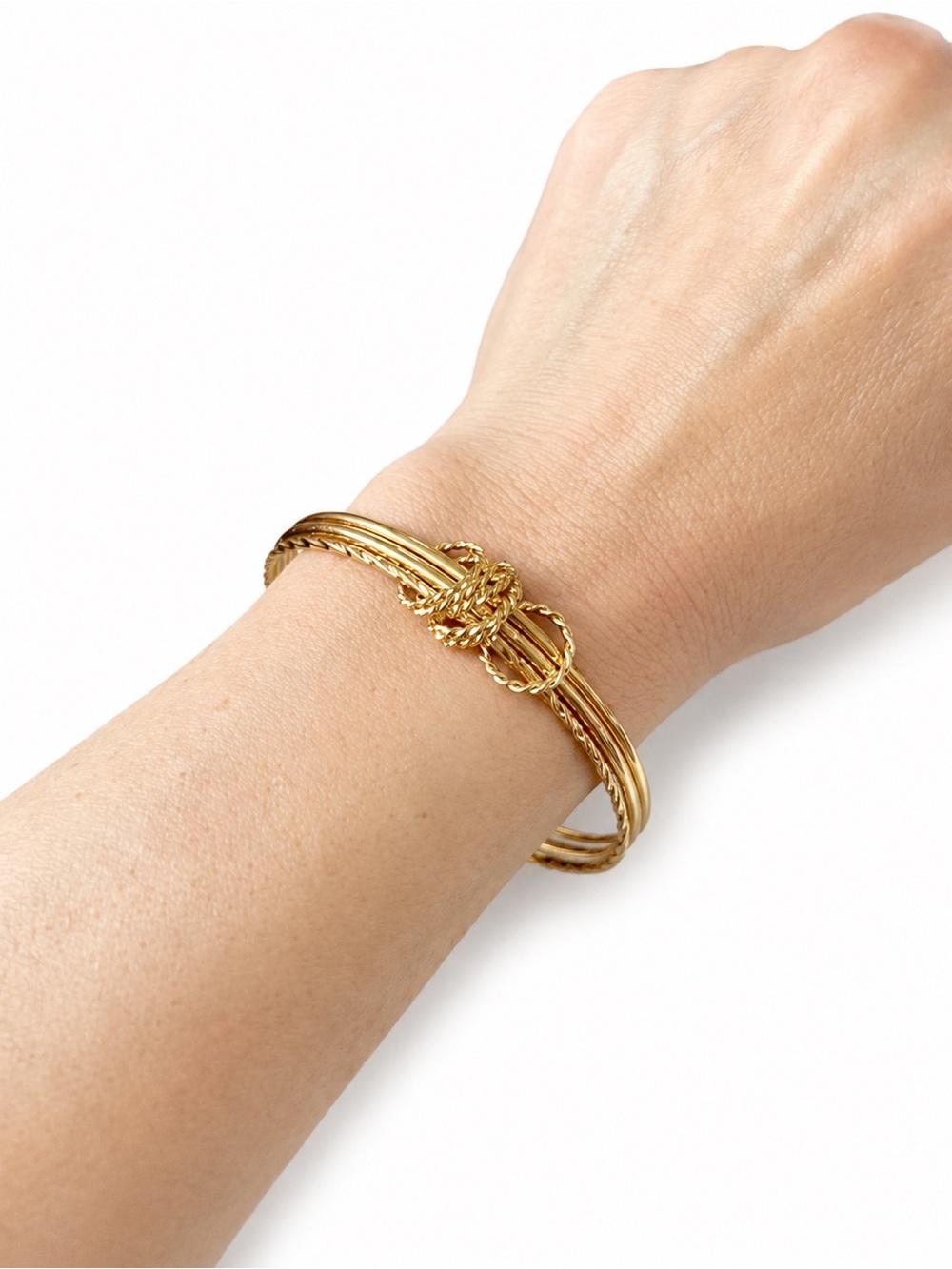 Gold Tone Triple Bangle Bracelet Rope Knot Statement Vintage Style